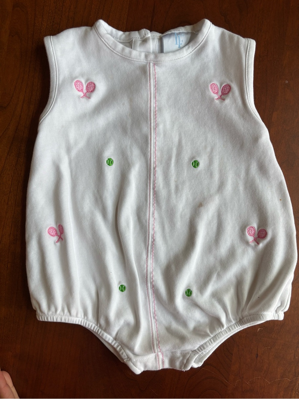 Little English White Romper with Pink Tennis Rackets and Green Dots